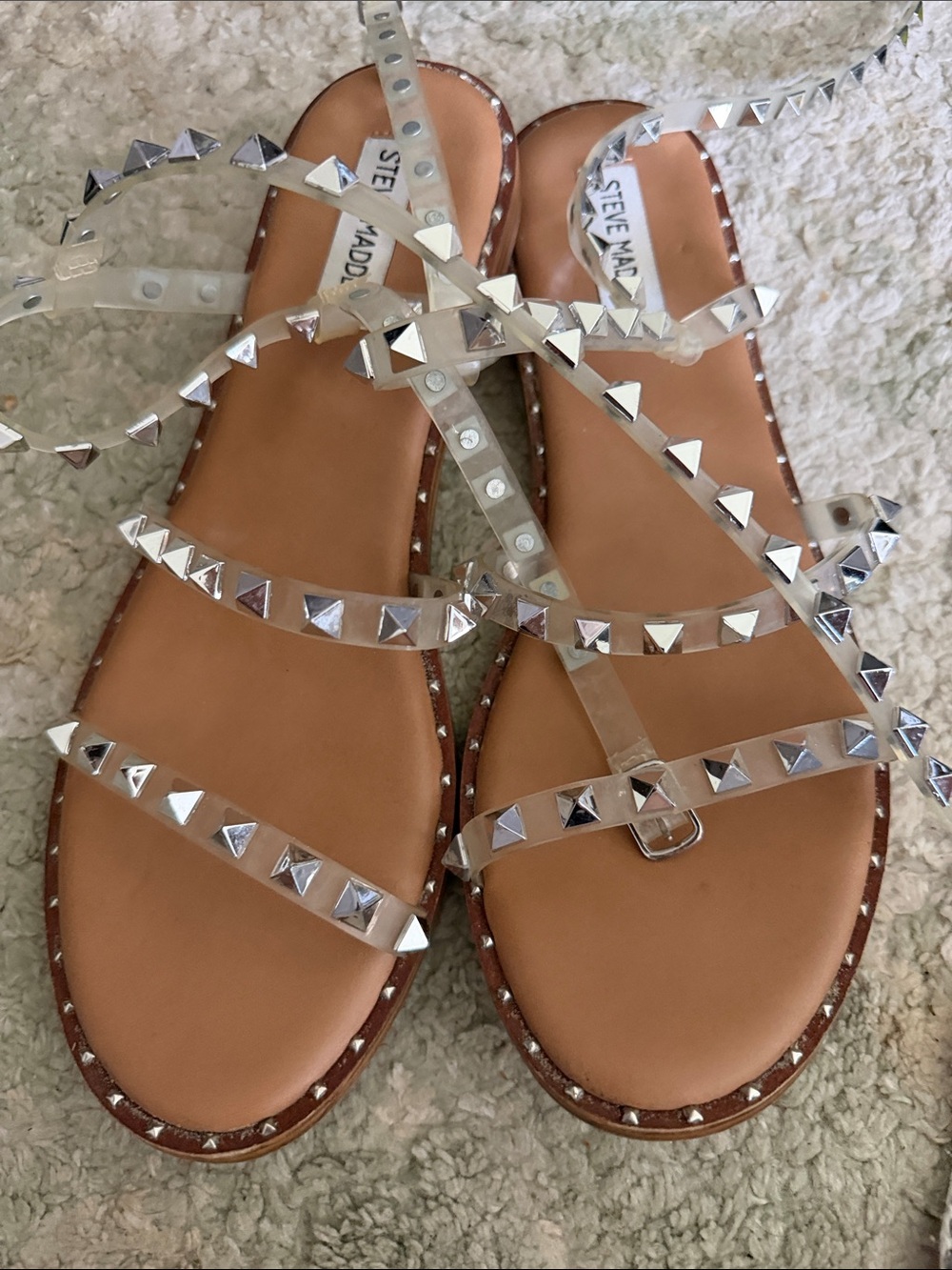 Steve Madden Clear Pyramid-Stud Gladiator Sandals in Tan